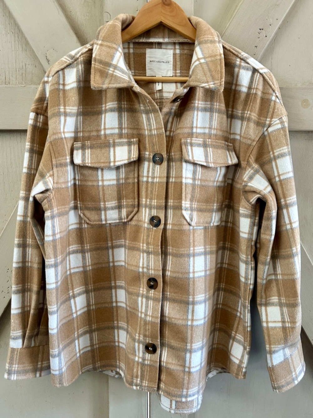 Avec Les Filles Plaid Shacket Jacket Wool Blend Button Front Tan Size Small